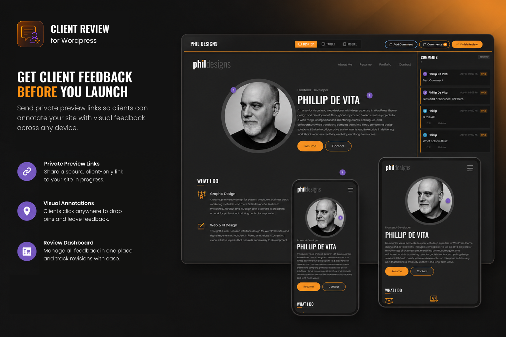 Review page for a client feedback system with various features like visual annotations and review-based dropdown options.