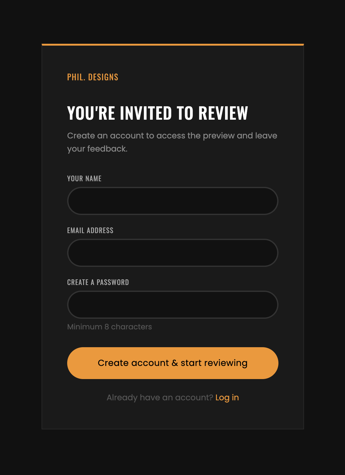 Review page for Phil Designs inviting to create account and review feedback.