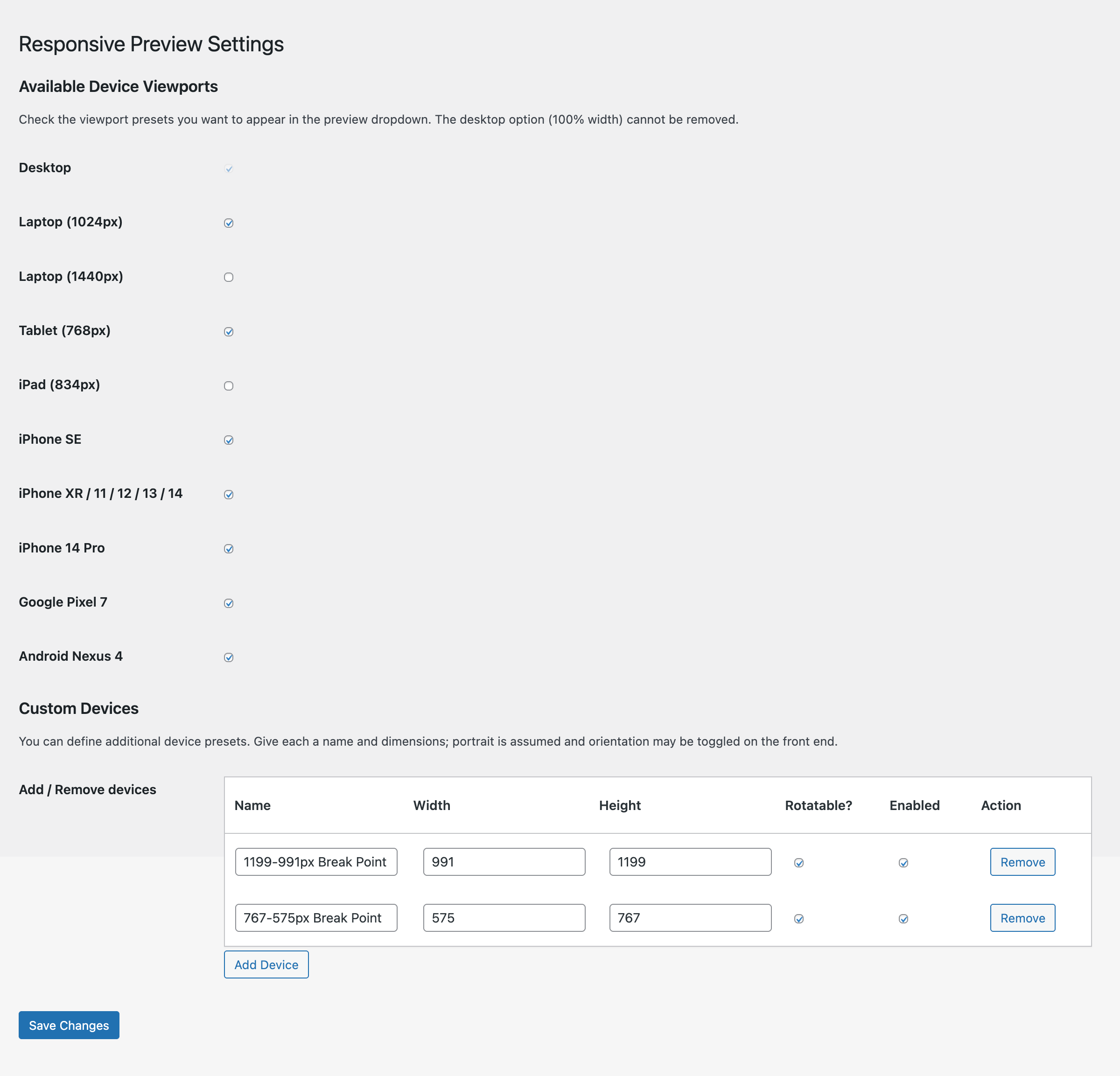 The screenshot shows a list of available device views for responsive preview settings with options to select specific devices and their characteristics such as width.