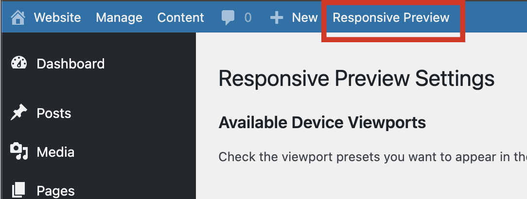 The screenshot shows a webpage with options like 'Responsive Preview Settings' and 'Dashboard'.