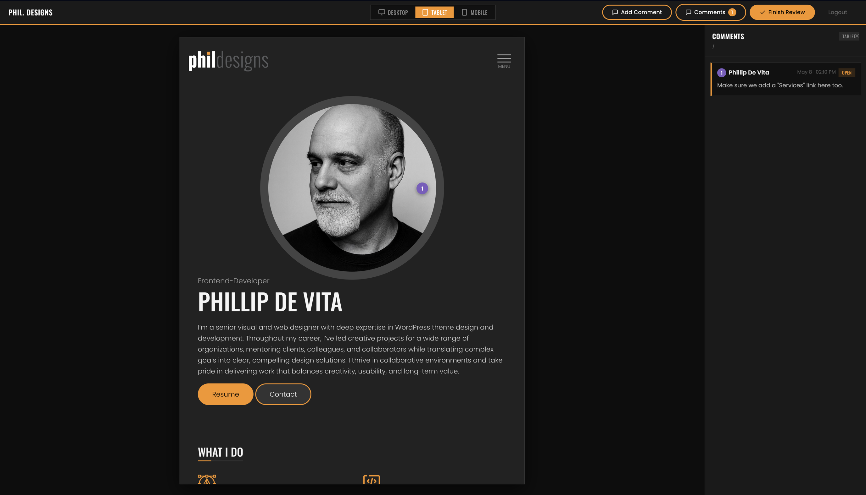 The website is displaying an article about Phillip De Vita.
