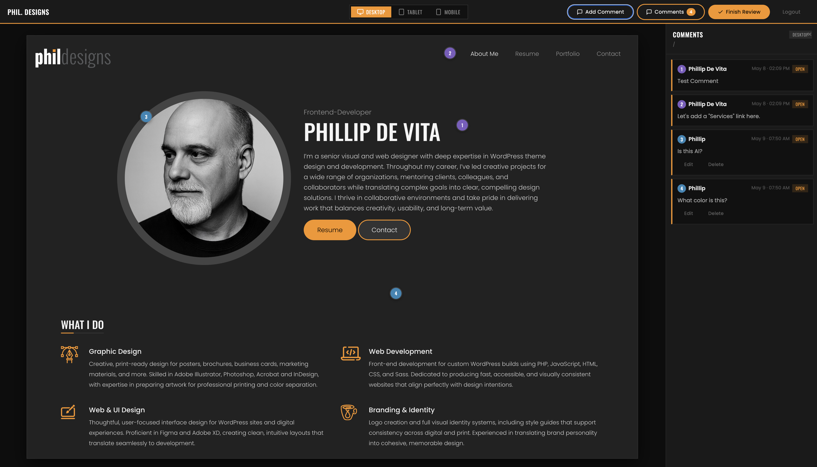 The website is displaying a profile for Philip De Vita with various sections like what he does and his interests.