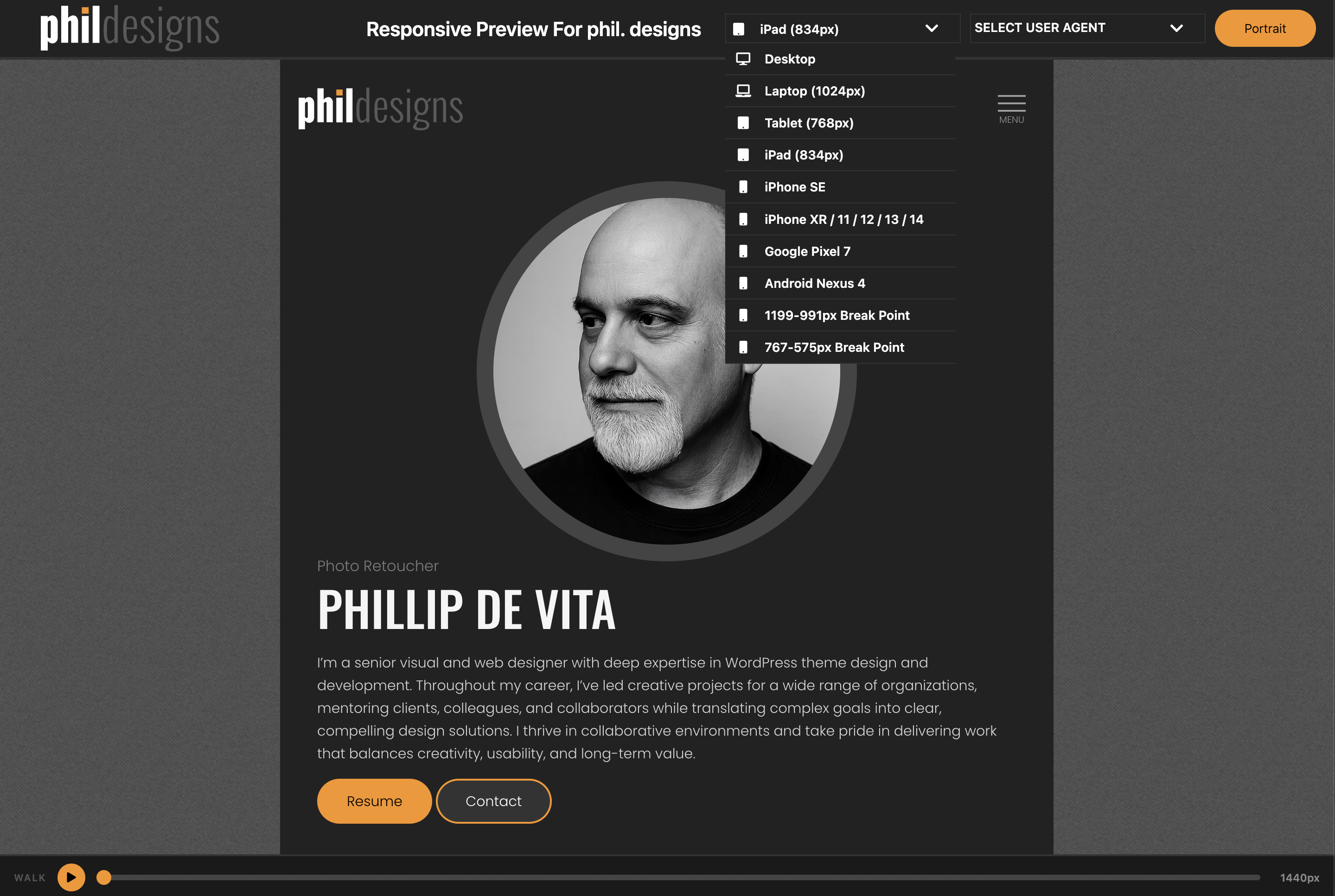 The website is displaying a profile for Phillip De Vita with various options to navigate and edit content.