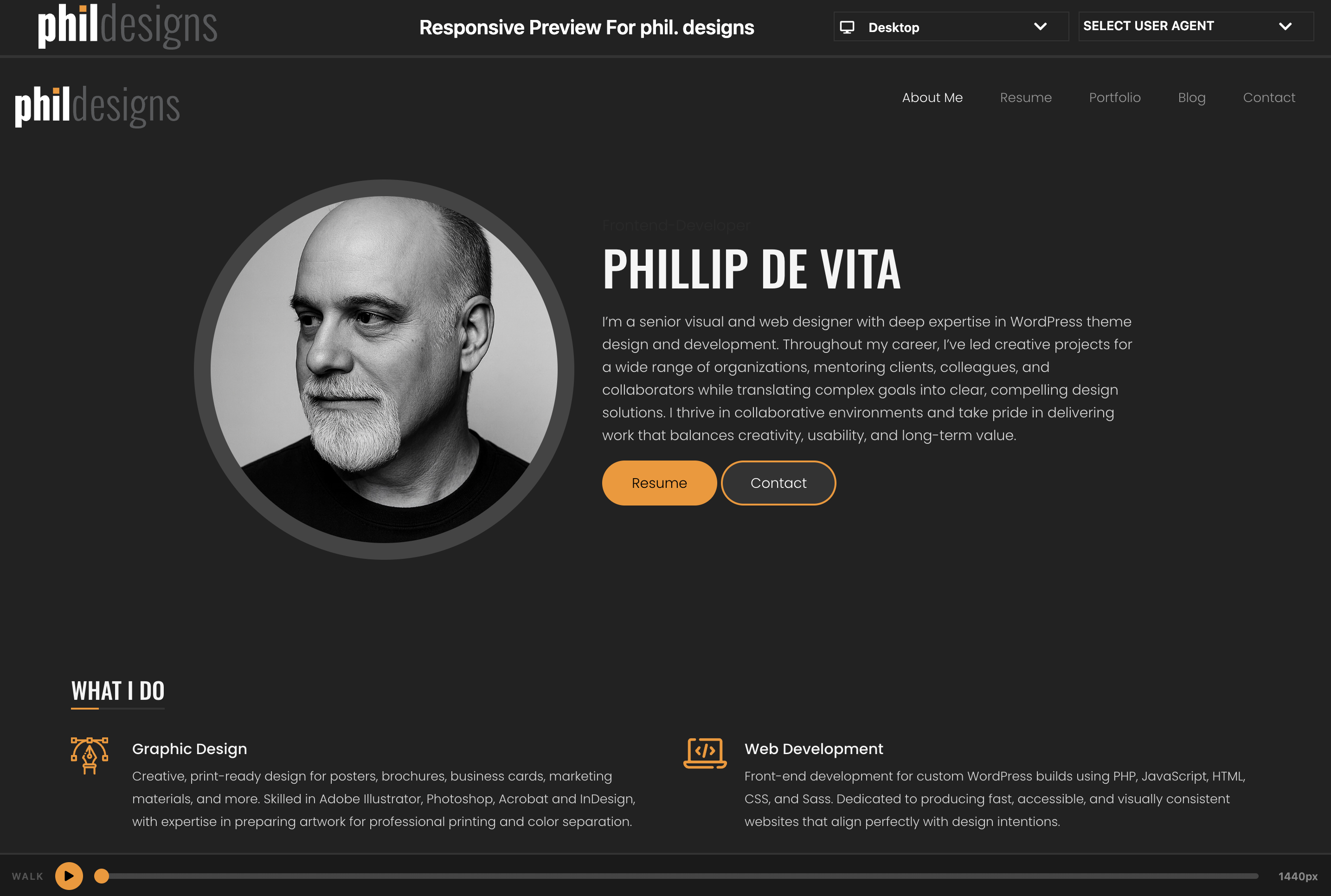 The website is for a person named Phillip De Vita who does graphic design and web development.