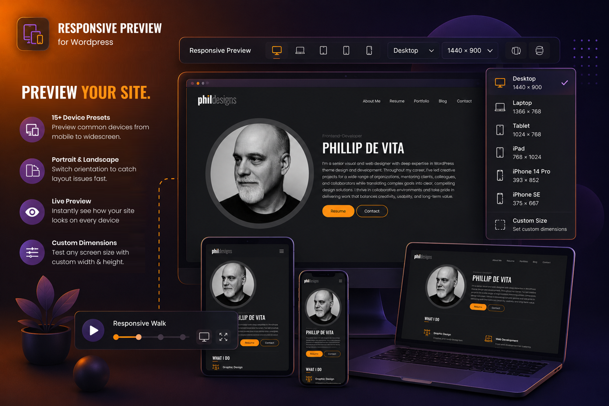 The website is showcasing a responsive preview for an individual named Philip De Vita with various features like live video and social media integration.