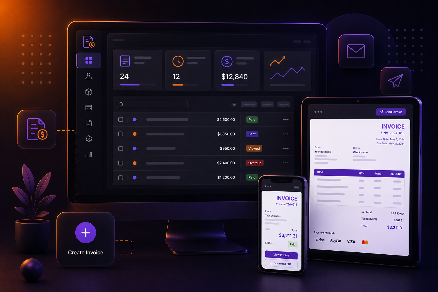 The image is an augmented reality (AR) interface for a financial application that allows users to create invoices and track expenses with.
