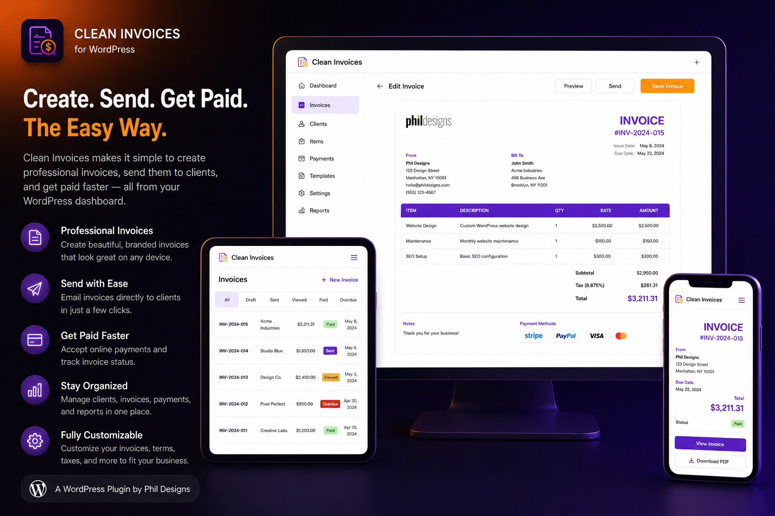 Clean Invoices is a software for creating invoices with features like payment options and easy integration with WordPress.