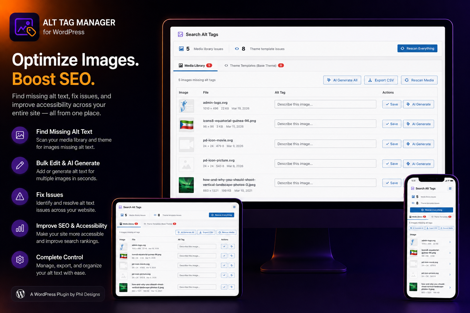 Advertisement for Alt Tag Manager software with various features to optimize images and boost SEO.